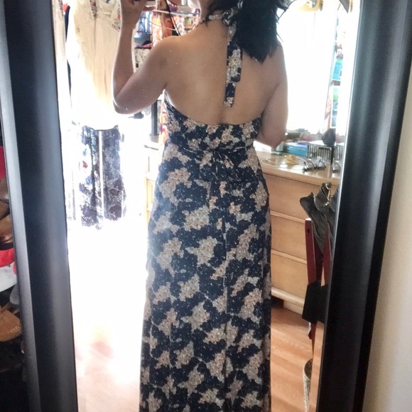Vintage Huk-a-poo bohemian flowy navy gold flower printed halter tie maxi dress - Picture 4 of 8
